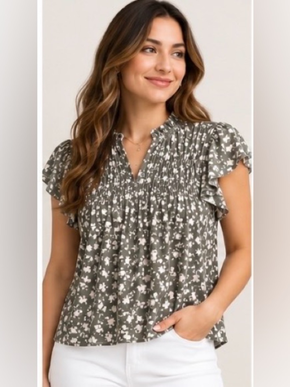 Anne Klein Gray Floral Ruffle Neck Blouse